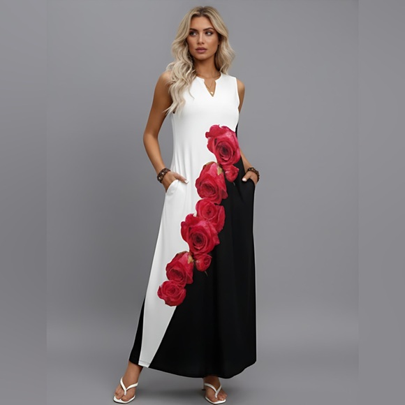 Black/White Floral Maxi Dress With Pockets - Picture 2 of 8